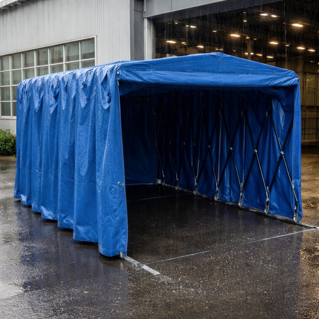 Akordiyon tente ray sistemi ve körüklü katlanır kumaş detayı, dayanıklı dış mekan tente mekanizması