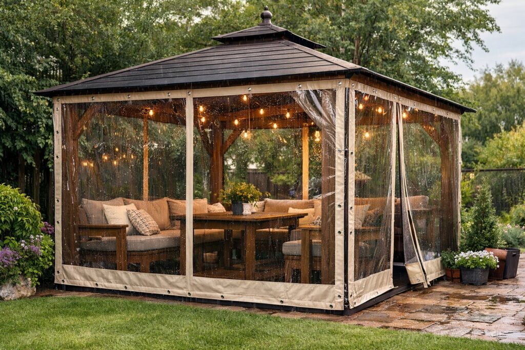 Bahçede şeffaf PVC branda ile çevresi kapatılmış kamelya; yağmur ve rüzgâra karşı ışık geçiren tente sistemi