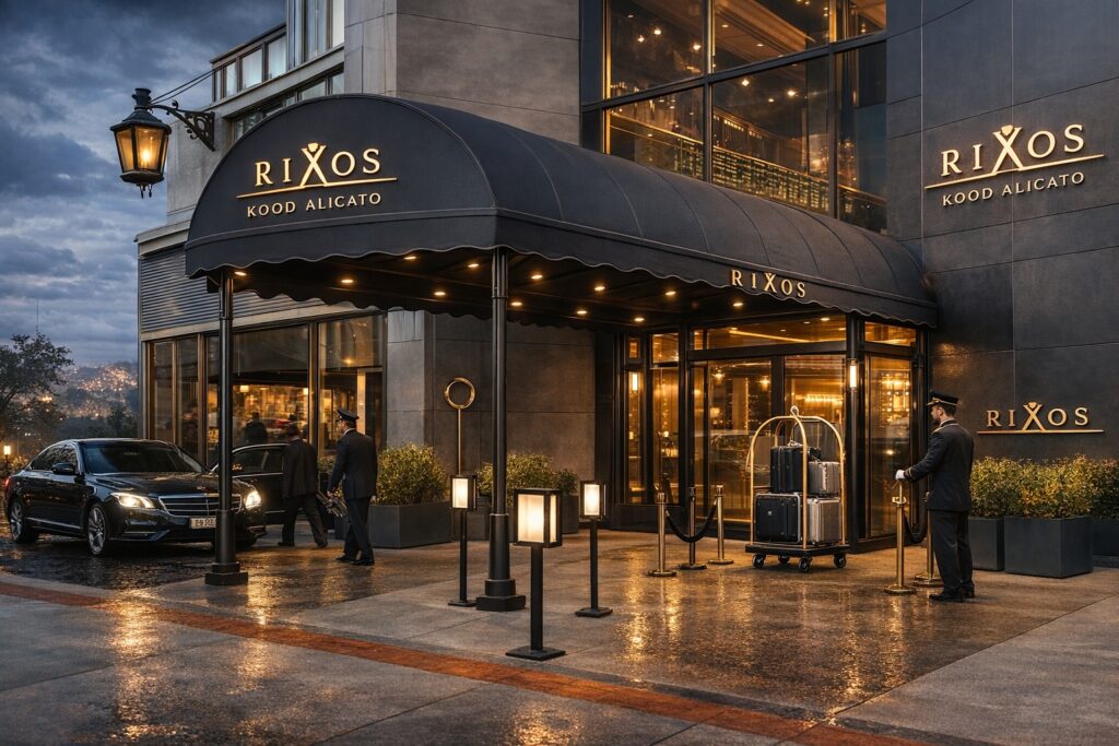 Antrasit renk akrilik kumaş kaplamalı, kavisli formda otel giriş tentesi modeli